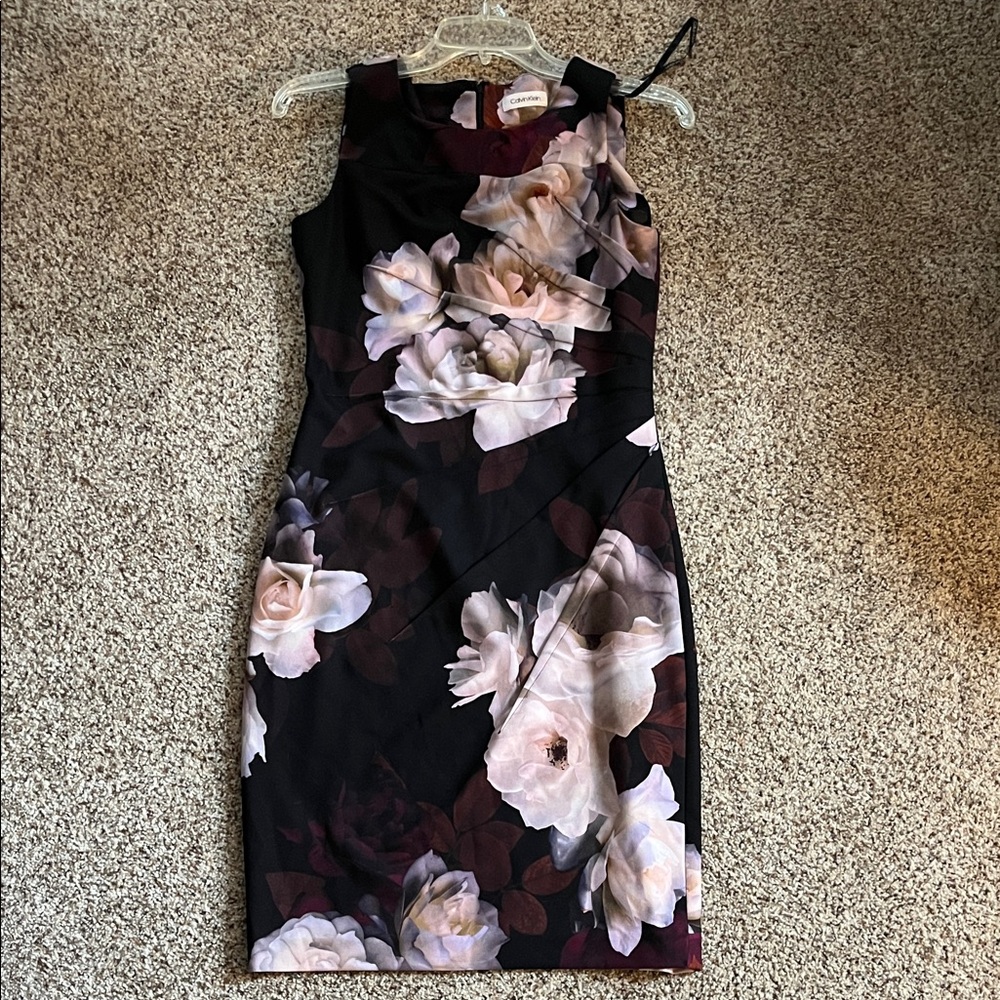 Calvin Klein Black Floral Midi Sheath Dress